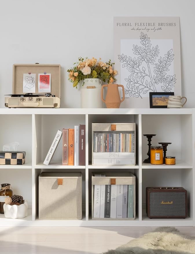 StorageWorks 11x11 Storage Cubes, Closet Storage Bins with Clear Window, Fabric Organizer for Clothes, Collapsible Storage Baskets with PU Handles, Brown and Beige, 3-Pack