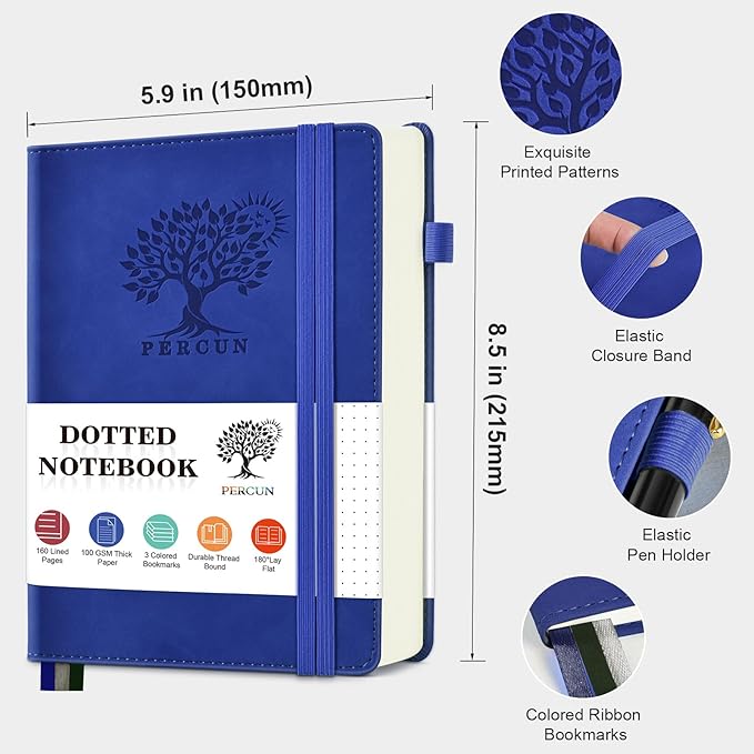 PERCUN Dotted Journal Notebook for Men & Women, 160 Pages Dot Grid notebook for Note Taking, Bullet Journaling Notebook for Work, School, Travel, Writing, A5 Hardcover 5.9" x 8.5"(Navy)