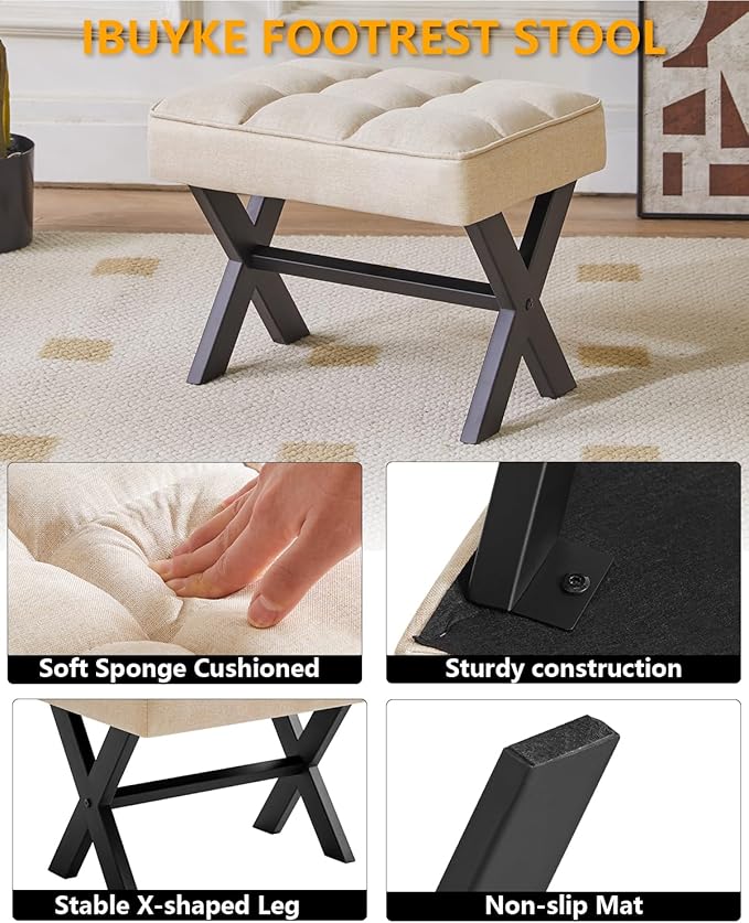 IBUYKE Small 12" H Footrest Stool, Square Linen Foot Stool with Metal X-Leg, Multi-Use as Small Side Table, Step Stool for Living Room, Bedroom, Entryway, Office, Linen WBD011Y