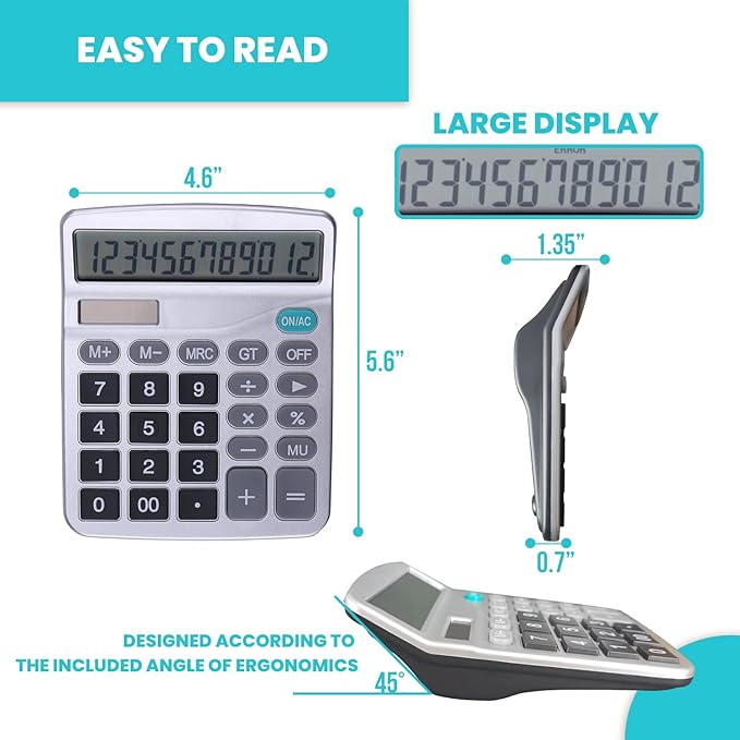 LICHAMP Desk Calculators with Big Buttons and Large Display, Office Desktop Calculator Basic 12 Digit with Solar Power and AA Battery (4 Packs Included), 4 Bulk Pack
