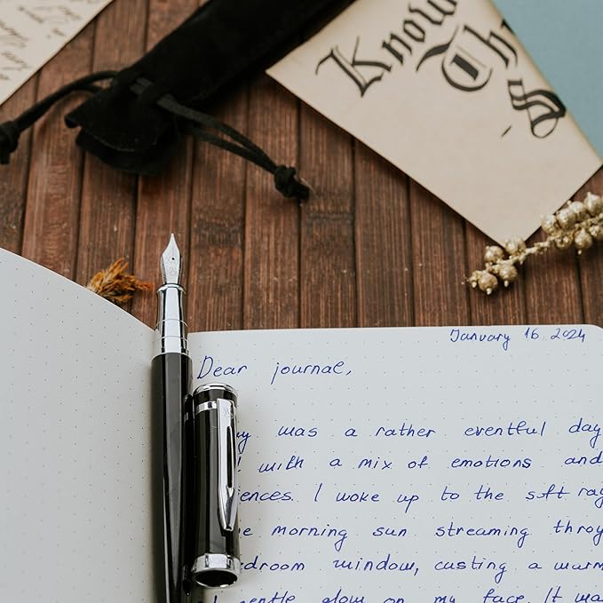 Wordsworth & Black Fountain Pen Set, Medium Nib, Includes 24 Pack Ink Cartridges, Ink Refill Converter & Gift Pouch, Chrome Finish, Calligraphy, [Black Chrome], Perfect for Men & Women