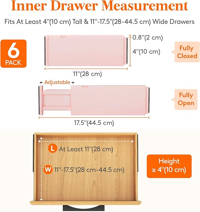 Lifewit 6 Pack Drawer Dividers 4" High, 11-17" Adjustable Drawer Organizers for Clothes, Expandable Dresser Separators in Bedroom/Bathroom/Kitchen/Fridge/Office Organization and Storage, Pink