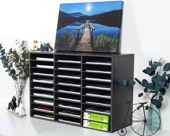 PAG Mail Sorter Organizer, Wood Literature Organizer, Student Mailbox for Classroom, Desktop Bill Paper Organizer for Office Home School, 27 Compartments, Dark Gray