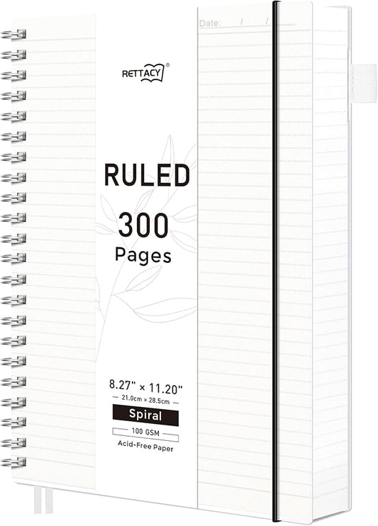 RETTACY Spiral College Ruled Notebook, 300 Pages, A4 Large Size (8.2" x 11.2"), for School, Work, Writing, Journaling, 100 GSM Thick Paper, Flexible Plastic Cover (Transparent)