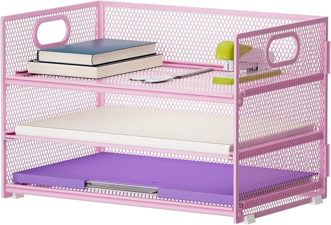 Marbrasse 3 Tier Paper Organizer Letter Tray, Mesh File Organizer with Handle, Paper Sorter Desk Organizer for Home Office Supplies(Pink)