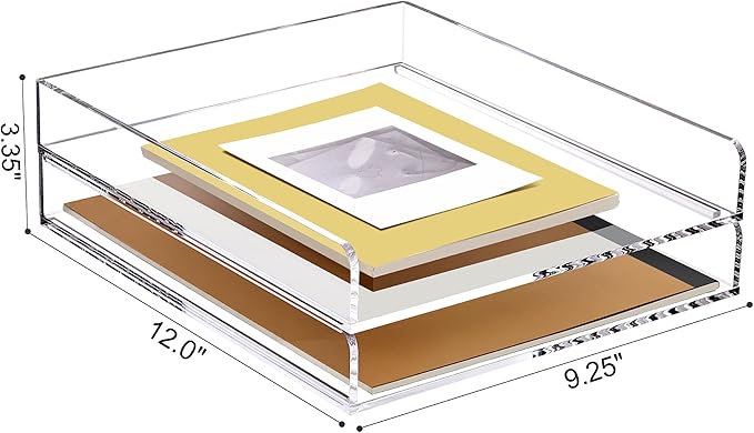 SANRUI 2 Tier Acrylic Stackable Paper Letter Tray, Vertical A4 File Desk Organizer and Accessories Sorter Tray, Clear Workspace Office Supplies Organizers, 12inx9.25inx3.42in