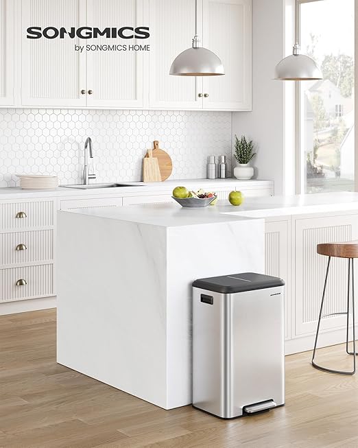 SONGMICS Kitchen Trash Can, 10.5-Gallon (40L) Garbage Can with Lid and Wide Foot Pedal, Soft Close and Stays Open, Silver ULTB541E40