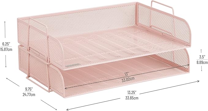 Mind Reader Stackable Paper Tray, Desktop Organizer, File Storage, Office, Metal Mesh, 13.25" L x 9.75" W x 6.25" H, 2 Pcs., Pink