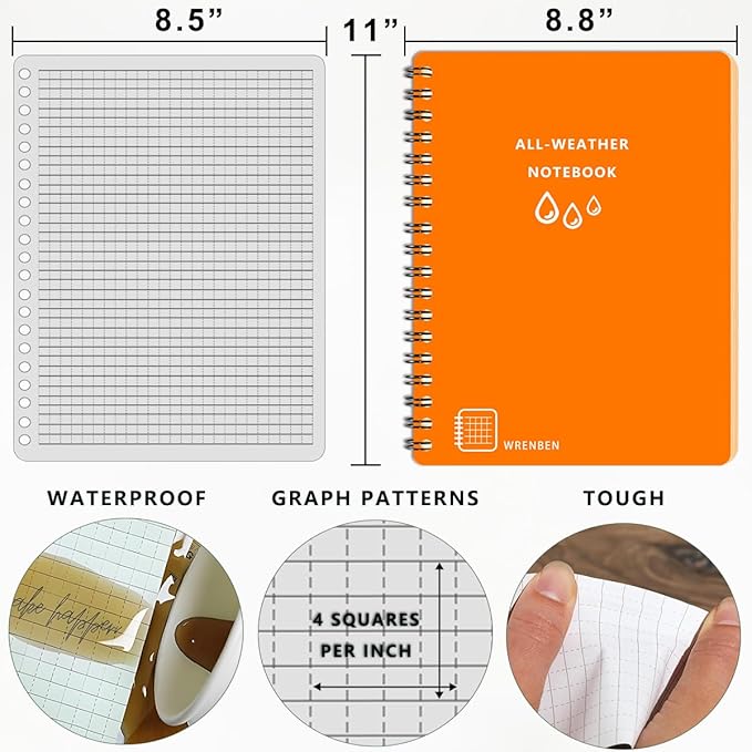 2PCS Fully Waterproof Spiral Notebook 8.5" x 11" with Weatherproof Stone Paper and Thickened Hard Cover, 100 Pages Per All-weather Notepad Journal, Universal Pattern (8.5" x 11", Orange)