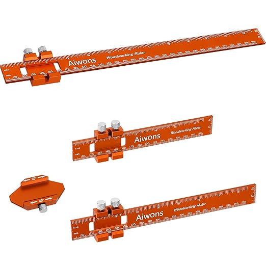 Woodworking Ruler Pocket Rule -12/8/6 Inch Precision Pocket Ruler with 45°& 30°Metal Slide Stop - Wood Marking Ruler Metric Inch Measuring Scribing Rulers - Aluminum Alloy Square Ruler