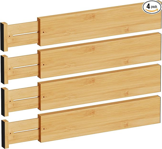 BAMEOS 4" High Drawer Dividers Bamboo Separators Organization Expandable Organizers for Kitchen Bedroom Bathroom Dresser Office 4-pack