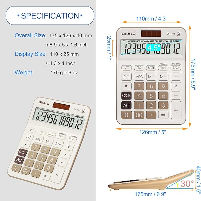 Pendancy 12 Digit Office Calculator Desktop with Tax+/- for Advanced Tax Calculation, Large LCD Display Big Buttons, Dual Power Durable Portable Design, for Financial Accounting Business Use
