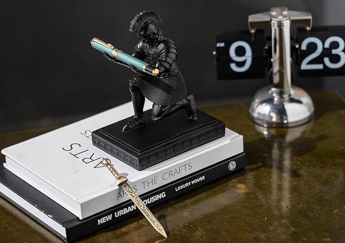 Roman Praetorian Warrior Knight Pen Holder Desk Ornament Resin Pencil Holder Desk Accessories and Organizer For Office with a Letter Opener (Black)