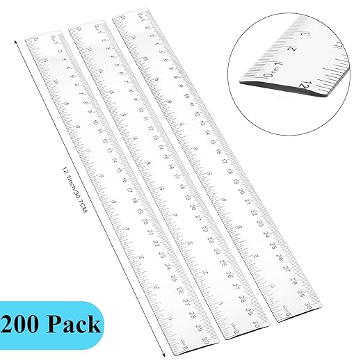 Zonon 200 Pieces 12 Inch Ruler Bulk Clear Plastic Flexible Straight Metric Rulers with Centimeters and Inches Drafting Measuring Tool for Classroom School Students Education