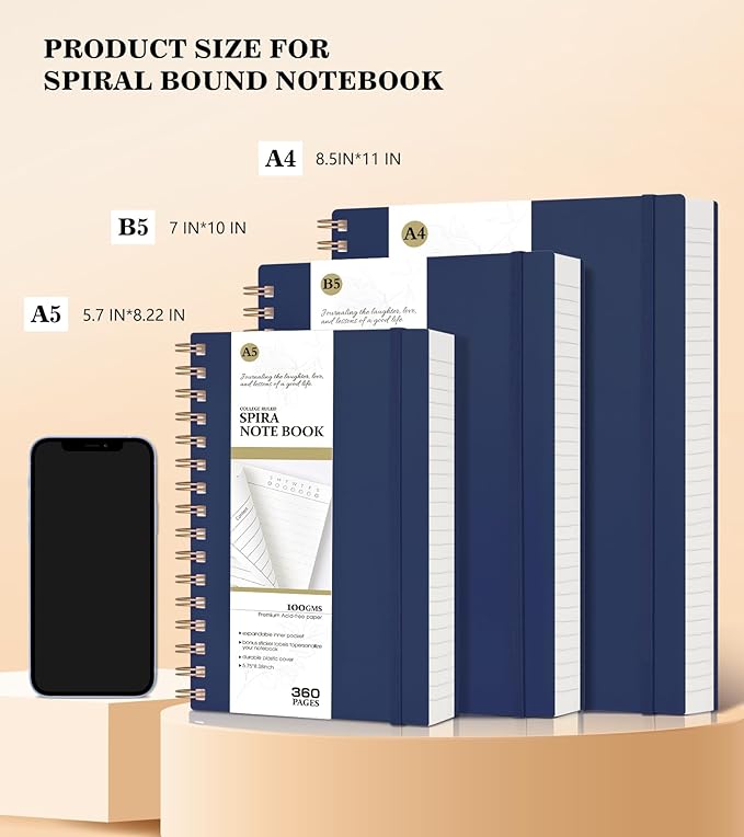 Spiral Notebook Journal, 360 Pages College Ruled Notebooks, Lined Thick Journals for Women Men,B5 Big Spiral Notebooks with 100GSM Paper, Spiral Bound Journal for Writing Work School Blue 7.6"×10"