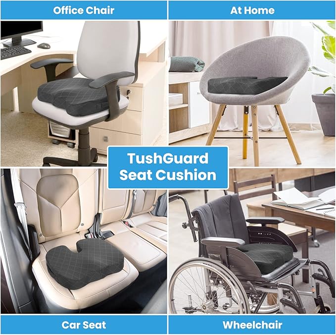 TushGuard Seat Cushion - for Office Chair, Car Seat, Airplane, Bleacher - Sciatica & Coccyx Pain Relief Desk Chair Cushion for Long Sitting Office Workers, Car Drivers(Grey, XX-Large)