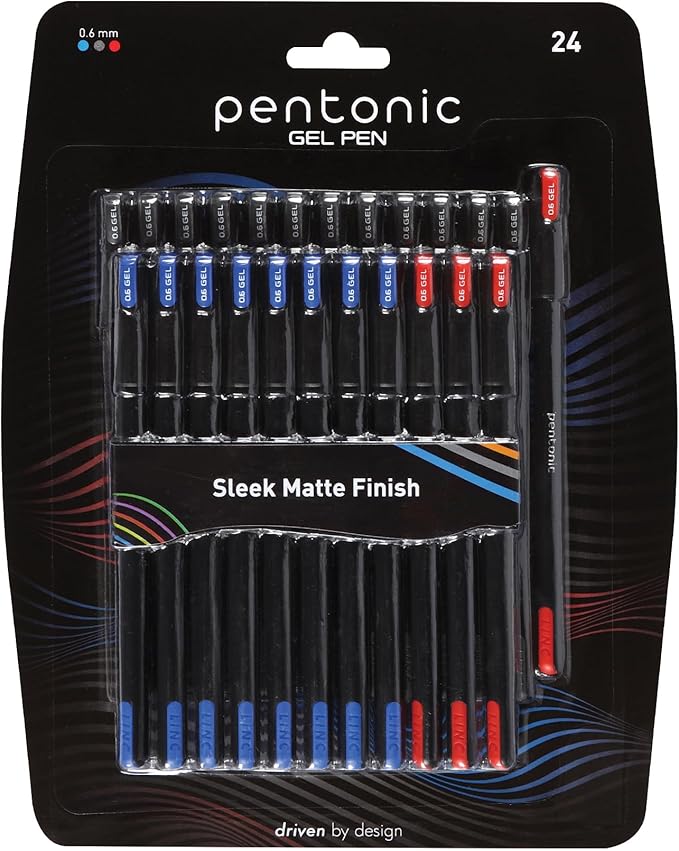 Pentonic Gel Pens, 24 Count, Assorted Colored Ink (12 Black, 8 Blue, 4 Red), 0.6 mm Fine Point, Smooth Writing For Journaling & Notetaking (1002354)