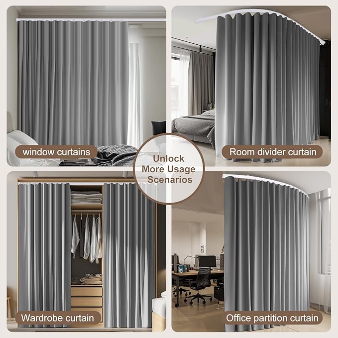 Room Divider Curtains & Flexible Bendable Tracks Set,Privacy Dividers Ceiling Track Curtain Window Blackout Curtains for Living Room Bedroom (W150 × H96 in 1 Panel Grey Drape & White Rail)