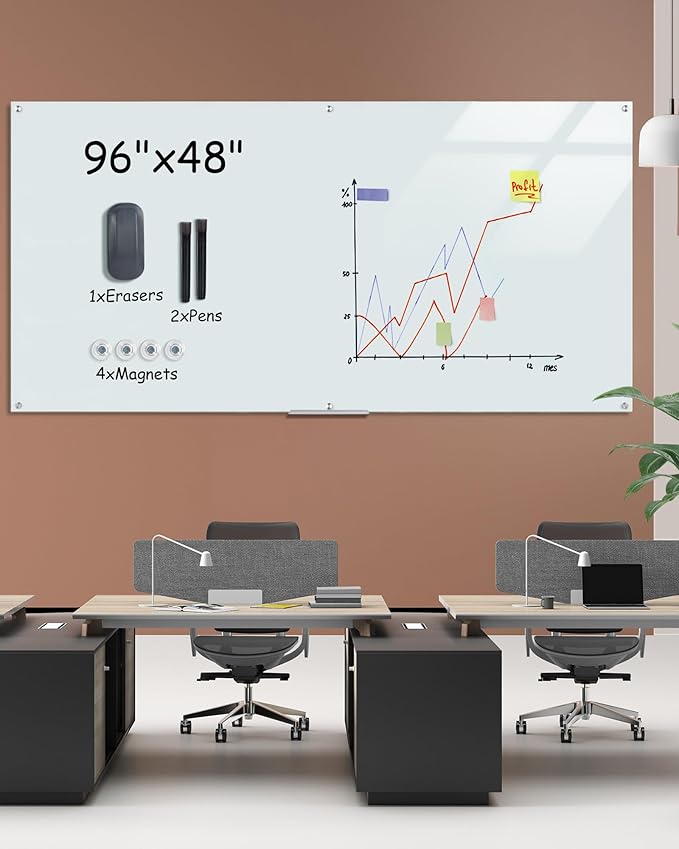 Magnetic Glass Whiteboard，96"x48" Wall Mounted Frameless Dry Erase Board for Office, Home & School White