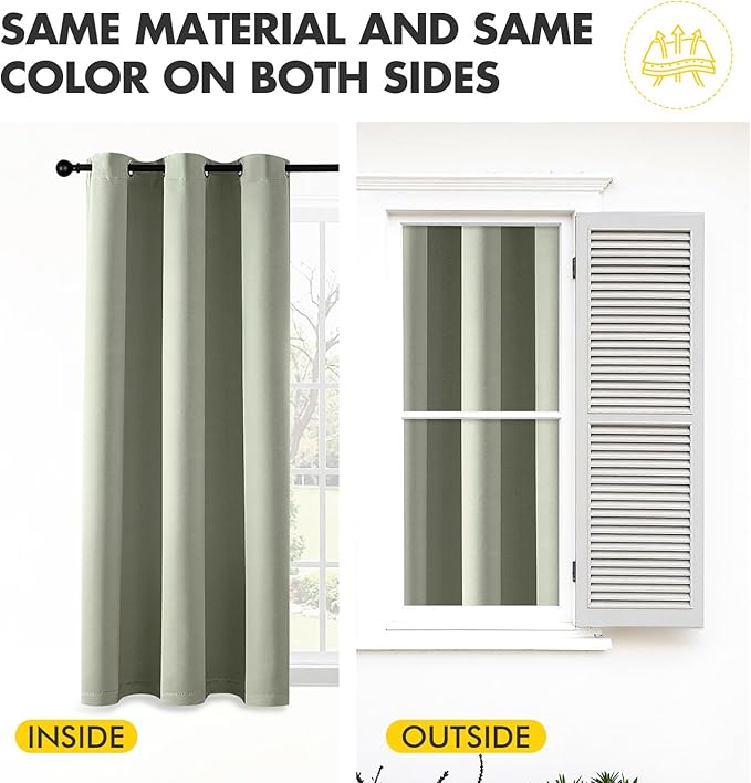 MIULEE Sage Green Blackout Curtains for Bedroom Living Room 63 Inches Long 2 Panels, Thermal Insulated Room Darkening Drapes Solid Grommet Top Noise Reducing Light Green Window Treatments 40x63 Inch