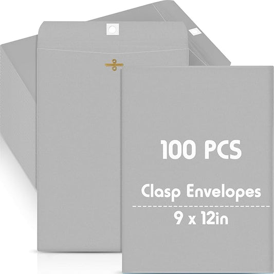 Geyee 100 Pcs Clasp Manilla Envelopes 9 x 12 Inch Gummed Colored Envelopes for Storing or Mailing for Home Office Business Supplies(Grey)