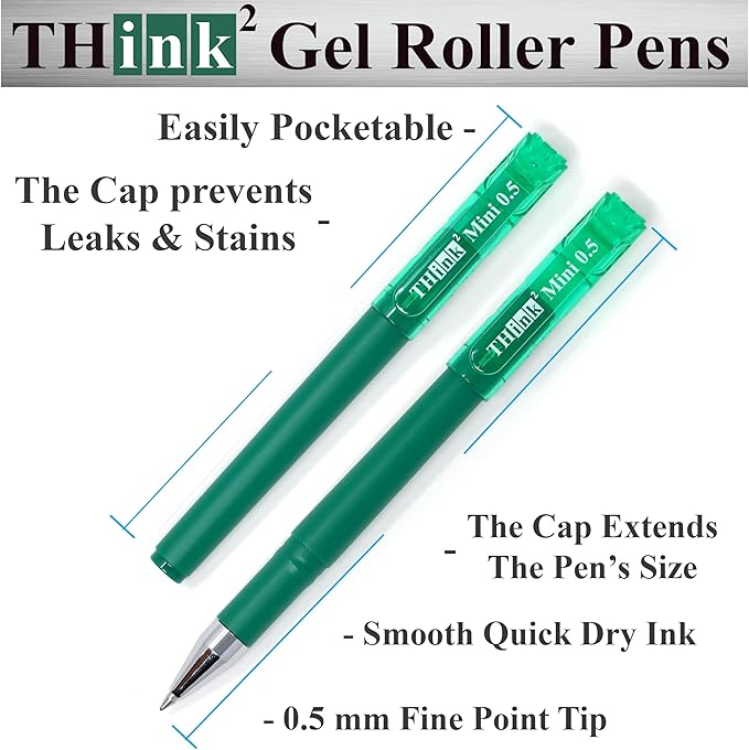 THINK2MASTER [24 Pens - Green Ink Think2 0.5mm Pocketable Mini Gel Pens. (24 Green) Fine Point Small Rollerball Pens with Smooth Quick Drying Ink.