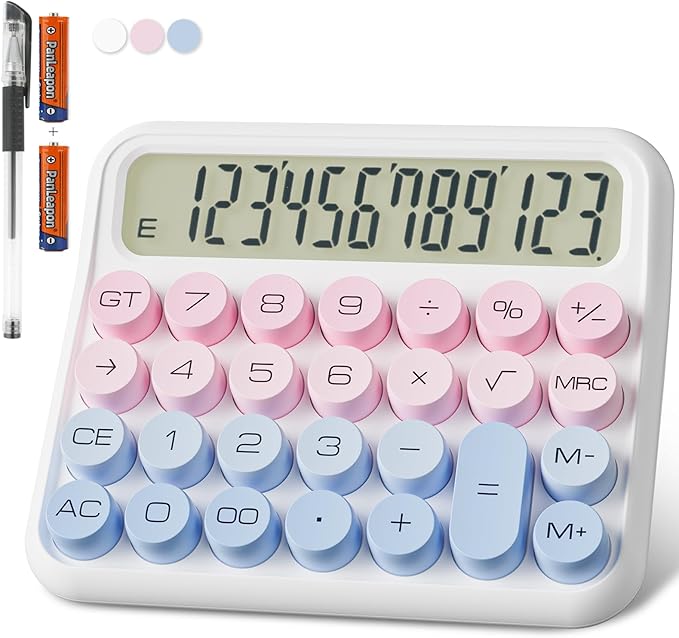 Mechanical Calculator 12 Digit Extra Large 5-Inch LCD Display, DECKLIT Battery Desk Calculator, Big Buttons Easy to Press Office Calculators Desktop, 15°Tilt Screen for Kids Calculator(Blue&Pink)
