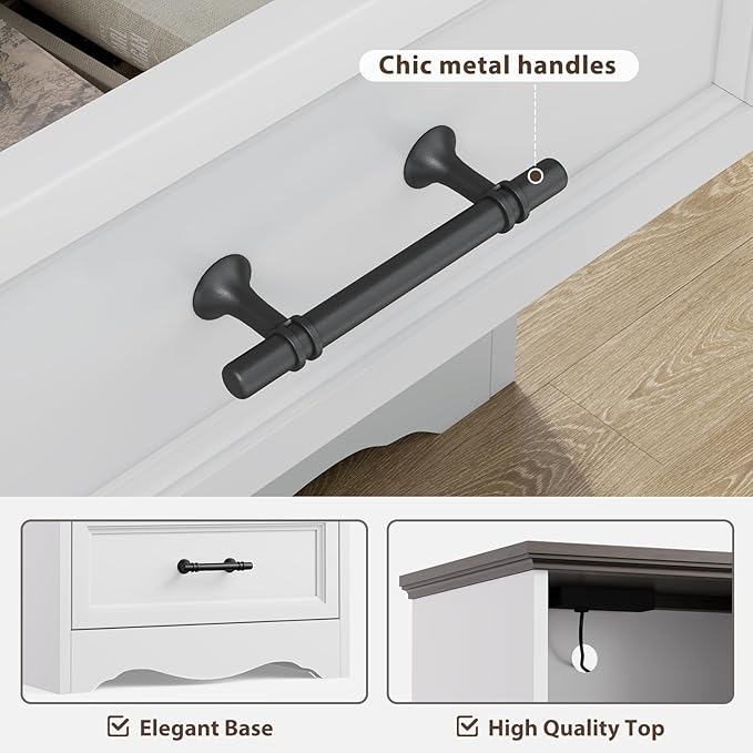 Nightstand with Charging Station, Farmhouse End Table with 2 Drawers Storage, Space-Saving Wood Storage Cabinet with Unique Base Design, Bedside Table for Bedroom, Living Room, White