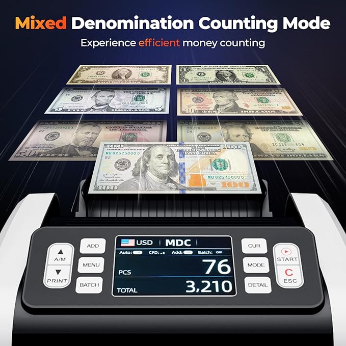 MUNBYN IMC09 Mixed Denomination Money Counter Machine, Value Counting, UV/MG/IR/MT Bill Counter, 3.5" TFT Display Money Counting Machine, USD, EUR, MXN, CAD Cash Counter for Business (White)