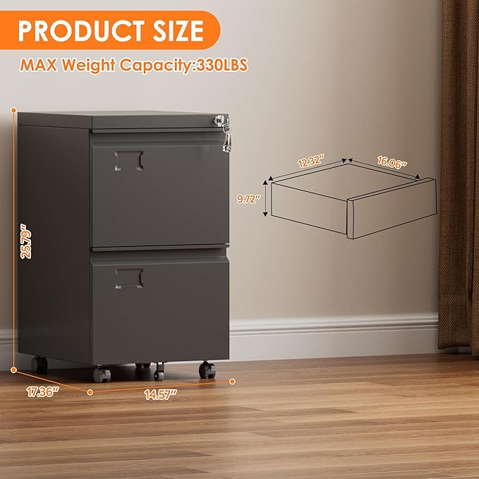 2 Drawers Mobile File Cabinet, Metal Under Desk Cabinet with Lock, for Office & Home, Legal/Letter Size, W14.57”x D17.36”x H25.79”, Assembly Required