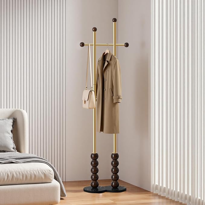 Metal Freestanding Coat Rack with Stainless Steel Double Rods & Marble Base, Hanging Clothes Rack for Entryway, Hallway, Bedroom, Living Room, Gold