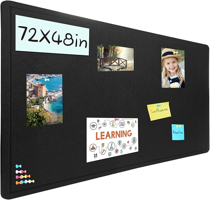 Large Bulletin Board - 72 X 48 inches Cork Board with 30 Pushpin, 6' x 4' Felt Cork Board Notice Pin Board, Self-Adhesive Vision Board Mood Board Foldable Photo Board for Wall (Black)