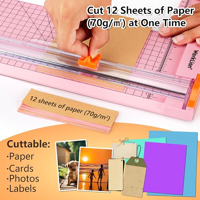 WORKLION Straight Paper Cutter For crafting – Pink 12 Inch Paper Trimmer With Security Safeguard and Side Ruler, Perfect for Cardstock, Coupon,Photos and Crafting Paper.