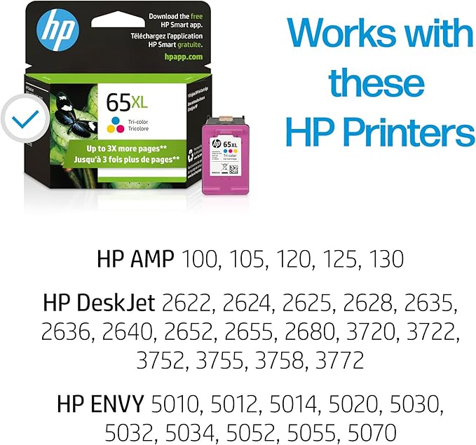 HP 65XL Tri-color High-yield Ink Cartridge for HP Printers | Works with Printer Series: AMP 100, DeskJet 2600, 3700; ENVY 5000 | Eligible for Instant Ink | N9K03AN