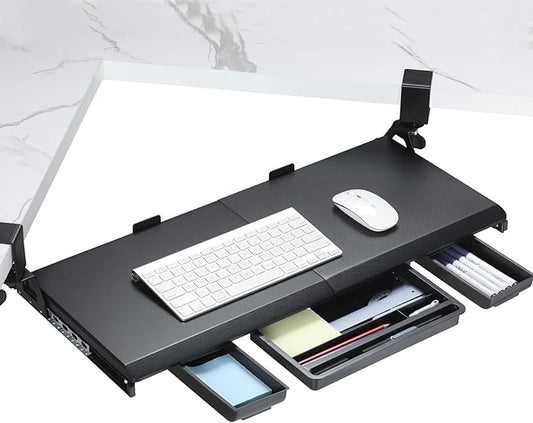 ETHU Keyboard Tray Under Desk, Ergonomic Corner Keyboard Tray with 180° Adjustable C Clamp for L Shape Desk 26.77" X 12.2" Easy to Install, Computer Keyboard Stand for Home and Office(Black)