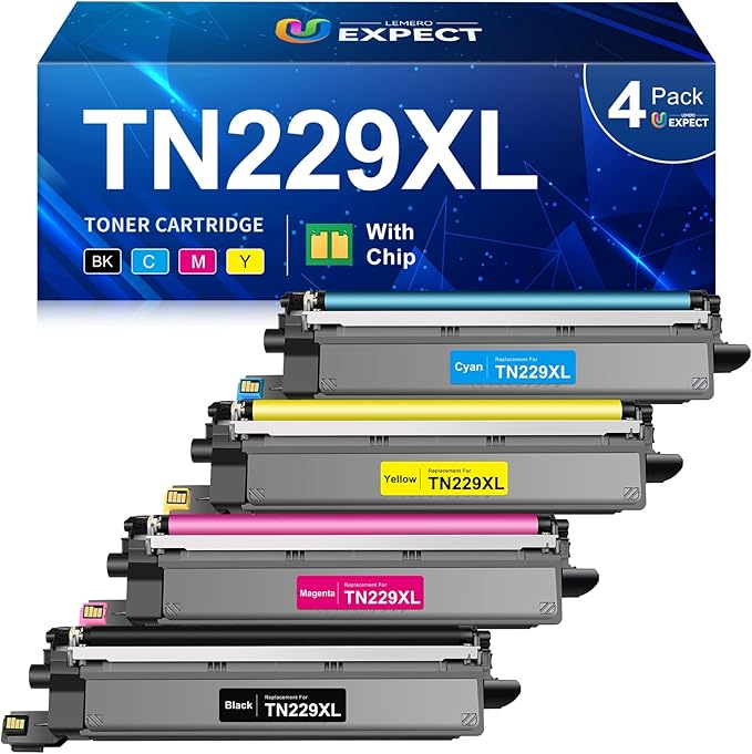 LEMERO UEXPECT Compatible Replacement for Brother TN229XL TN229 TN 229XL High Yield Toner Cartridges for MFC-L3720CDW MFC-L3780CDW HL-L3280CDW Printer, TN229XLBK/C/M/Y 4 Pack