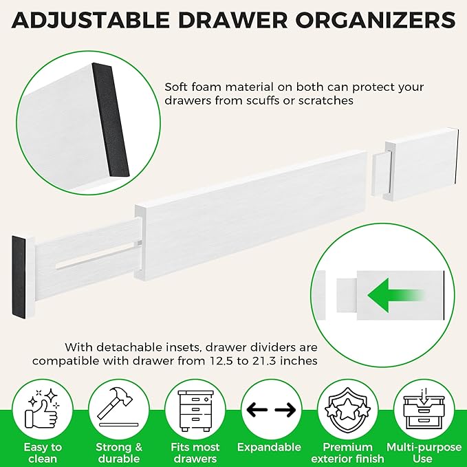 Bamboo Drawer Dividers Organizer with Inserts, Expandable from 12.5-21.7", Adjustable Drawer Organizer Separators for Utensils, Dresser, Bedroom, Bathroom, Closet, Clothing, Office (White)