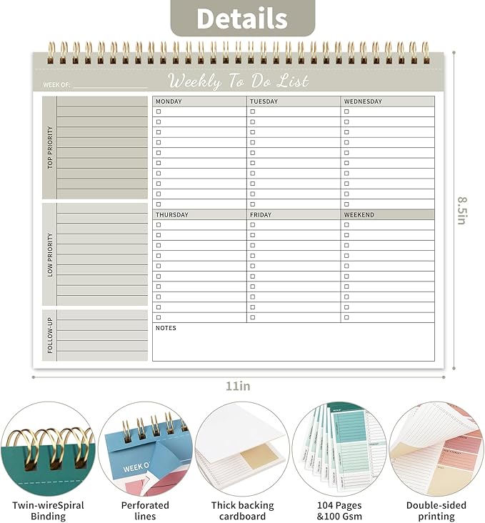 Weekly To Do List Notepad, 52 Undated Sheets （8.5"×11") Duplex-printed Daily Planner For Work Home School Office Desk Accessories Supplies & Goal Setting Tasks - Beige