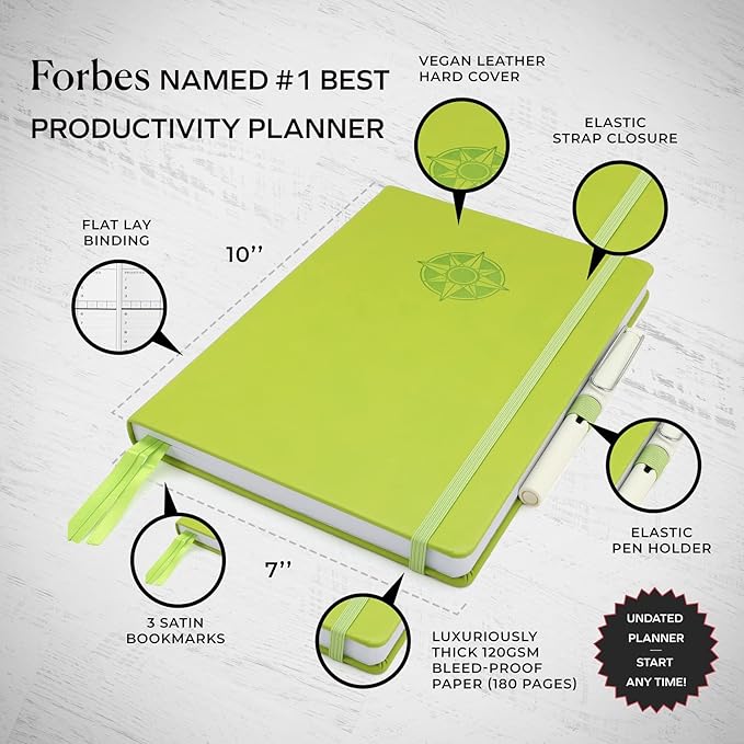 Smart Planner Pro – Undated Daily Planner – Medium B5 – Achieve Goals & Increase Productivity with Weekly, Monthly, Work Sections - Organizer Planner with Back Pocket, 3 Satin Bookmarks & Pen Holder