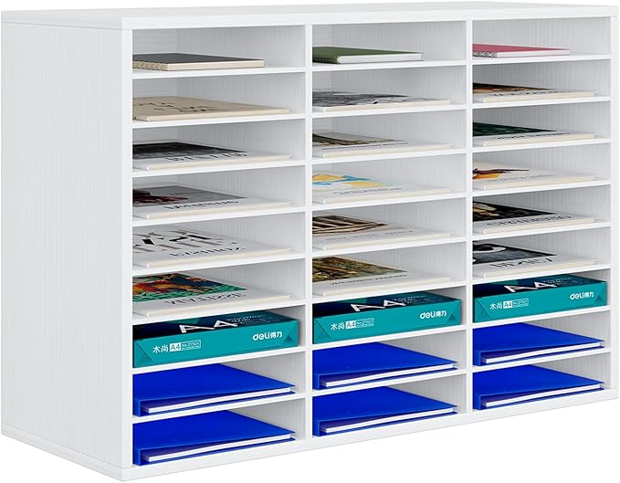 PAG Mail Sorter Organizer, Wood Literature Organizer, Student Mailbox for Classroom, Desktop Bill Paper Organizer for Office Home School, 27 Compartments, White