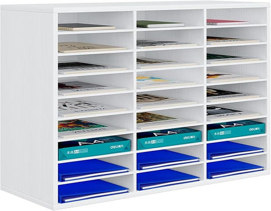 PAG Mail Sorter Organizer, Wood Literature Organizer, Student Mailbox for Classroom, Desktop Bill Paper Organizer for Office Home School, 27 Compartments, White