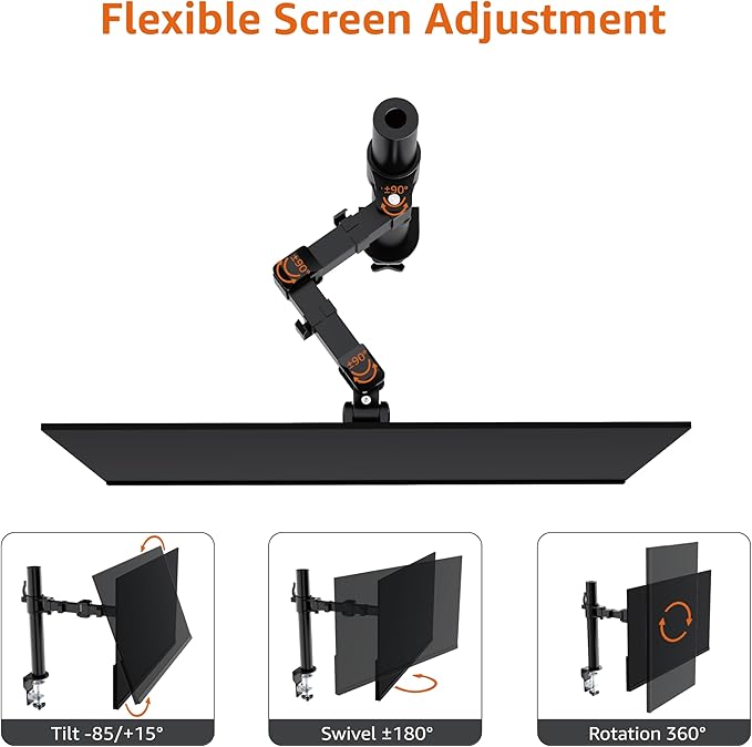 Amazon Basics Single Computer Monitor Stand with Tilt and Rotation, Height Adjustable VESA Desk Arm Mount, Steel, 30 inches, Black