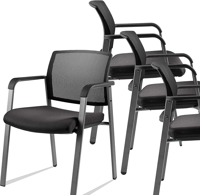 CLATINA Mesh Back Stacking Arm Chairs with Upholstered Fabric Seat and Ergonomic Lumber Support for Office School Church Guest Reception Black 4 Pack Set New Version