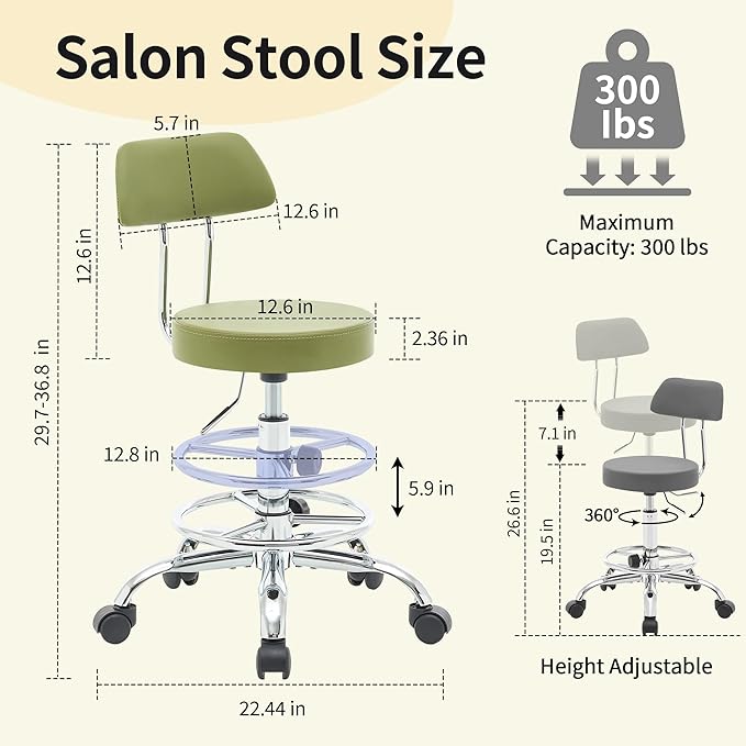 Height Adjustable Stool 19.5’’-26.6’’, Rolling Chair with Back and Footrest, Green Esthetician Stool Ergonomic (Green)