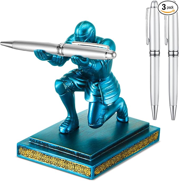 Spakon Knight Pen Holder with 2 Pens Resin Desk Organizers and Accessories Funny Executive Pen Stand Fancy Cool Office Gadgets Cool Desk Decorations for Men Home Supplies(Classic,Blue)