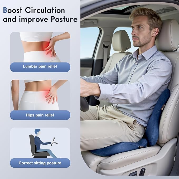 Coverado Memory Foam Car Seat Cushion and Lumbar Support Pillow for Car, Ergonomic Office Chair Cushion for Lower Back Pain Relief, Breathable & Non-Slip for Car, Home, and Office Use, Blue