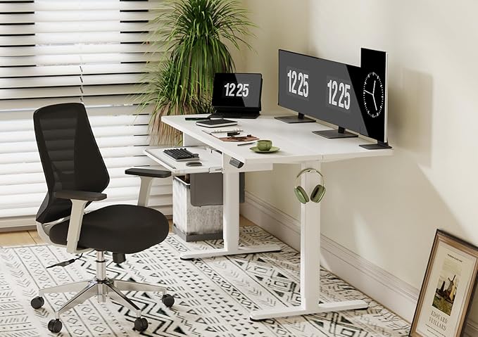 Claiks Standing Desk with Keyboard Tray, Electric Standing Desk Adjustable Height, 55x24 Inches Sit Stand up Desks with Splice Board, Raising Desks for Home Office, White