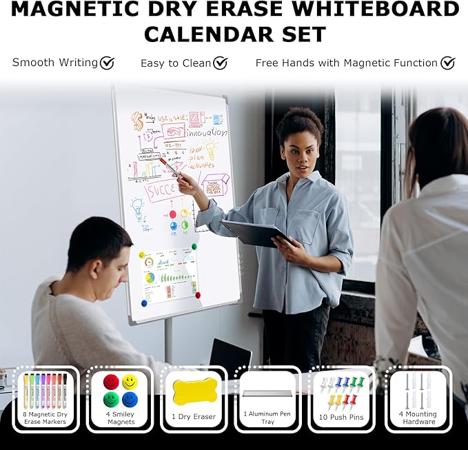 EAONE Magnetic Whitboard Calendar for Wall, Double Sided Dry Eraser Board Combo with Aluminum for Office, School, Home Kitchen (Silver, 36" x 24")