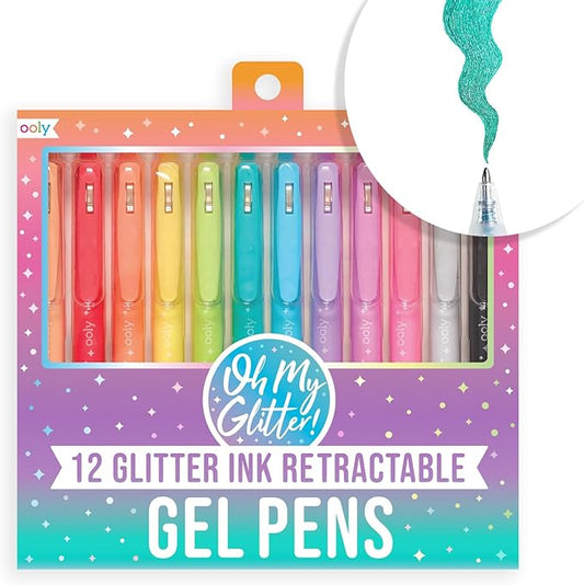 Ooly Oh My Glitter Gel Pens - Set of 12 Cute Art and Back to School Supplies for Girls, Planner Pen with Comfort Grip, Ideal Retractable Glitter Pens for Decorations & Office Use