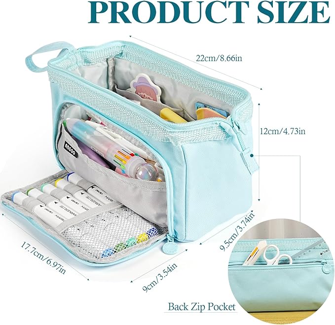 Pencil Case Pouch Large Capacity with Compartments, Pencil Case Pouch Bag with Zipper Handle for Teen Girls Boys Adults Women Men, Portable Pen Bag Stationery Organizer for Office School Travel, Blue